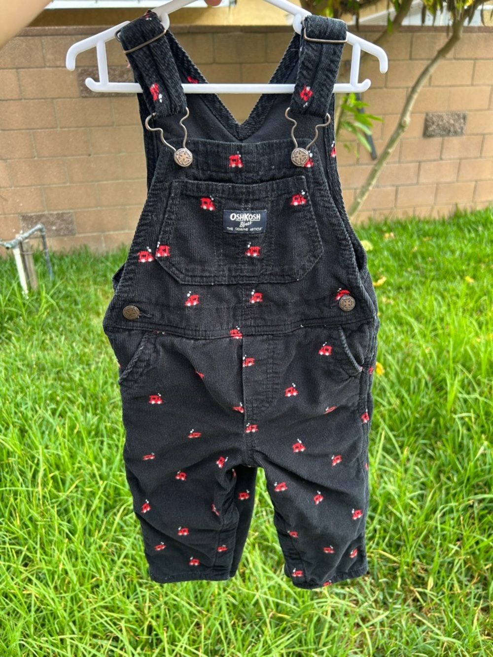OshKosh B'gosh Black Corduroy Overalls with Red train print